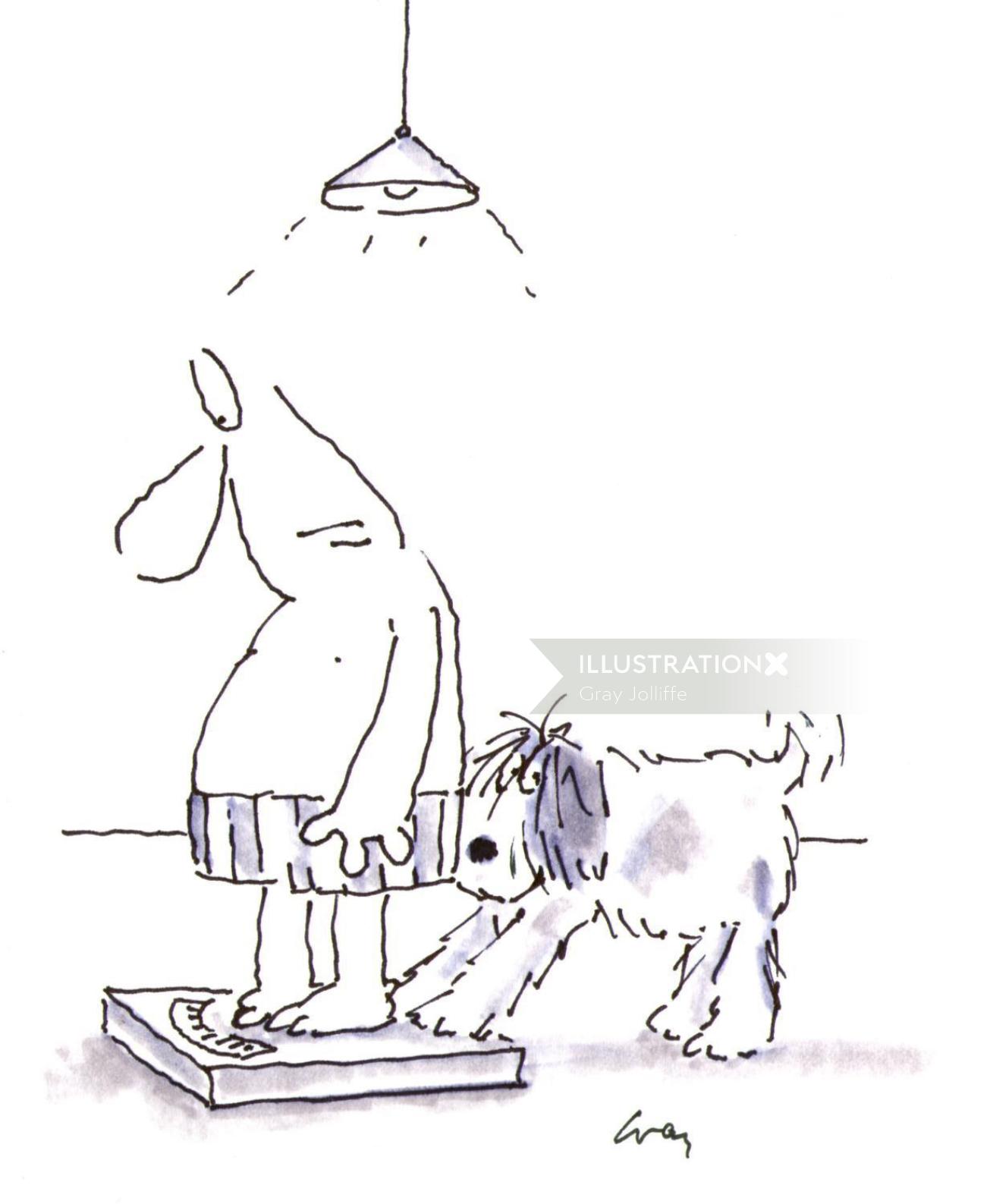 Homem e cachorro na balança pessoal - ilustração dos desenhos animados por Gray Jolliffe