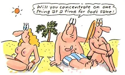 Beach cartoon with man distracted between two women by Gray Jolliffe