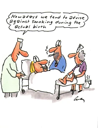Cartoon of doctor advising woman in hospital bed about smoking by Gray Jolliffe