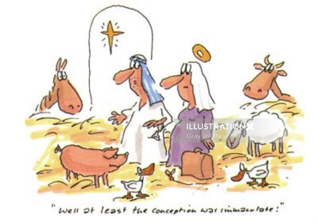 Comic illustration of a animal farm