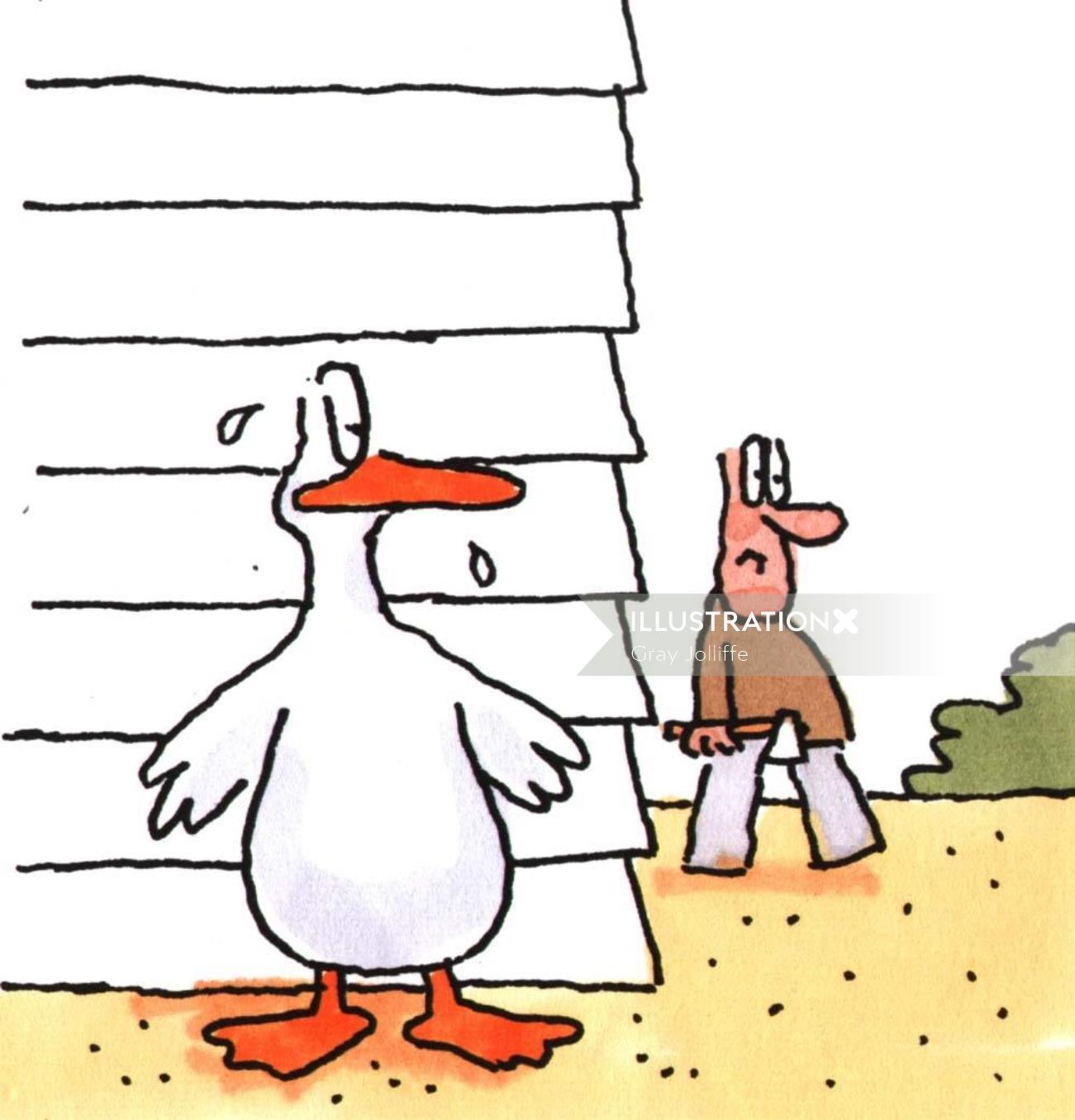 Cartoon of duck hiding from man