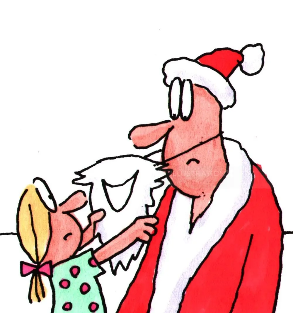 Cartoon of little girl holding Santa's beard by Gray Jolliffe