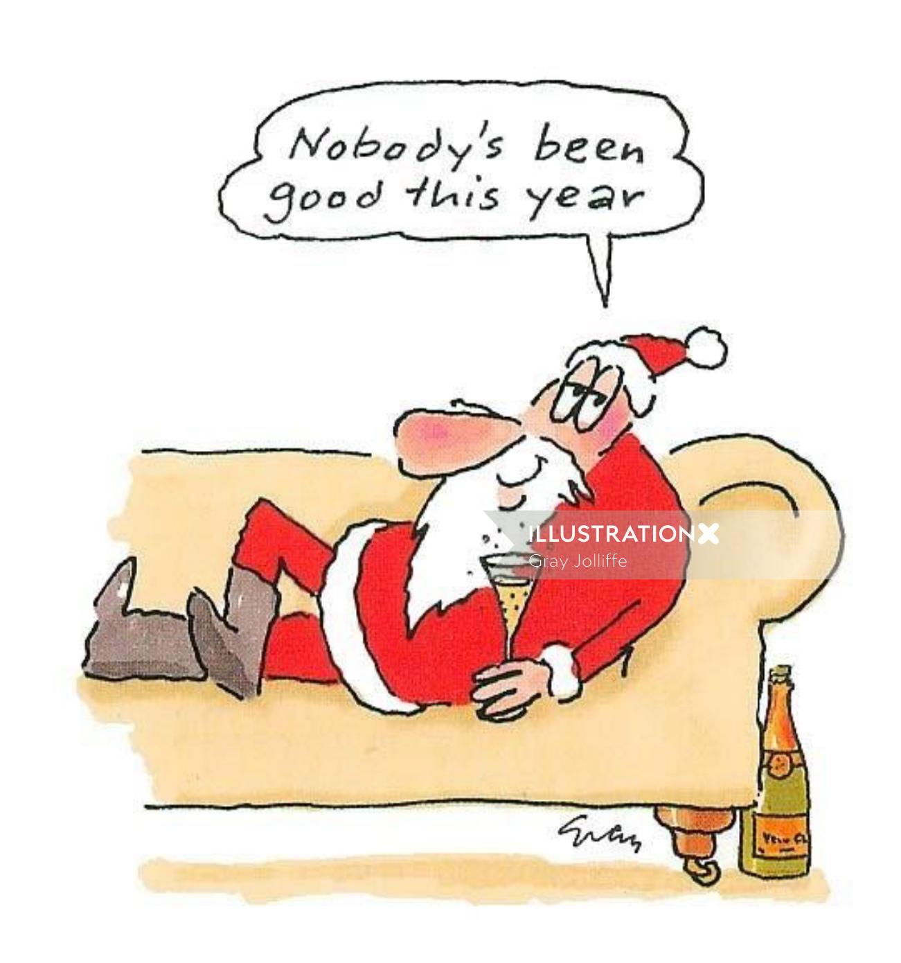 Uma ilustração de Papai Noel bebendo álcool