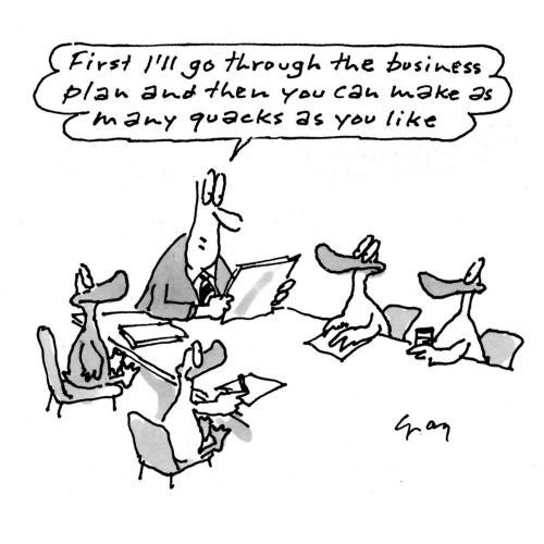 Ducks in a meeting, Comic illustration by Gray Jolliffe