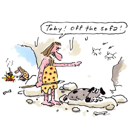 Comic art of cavemen with dog