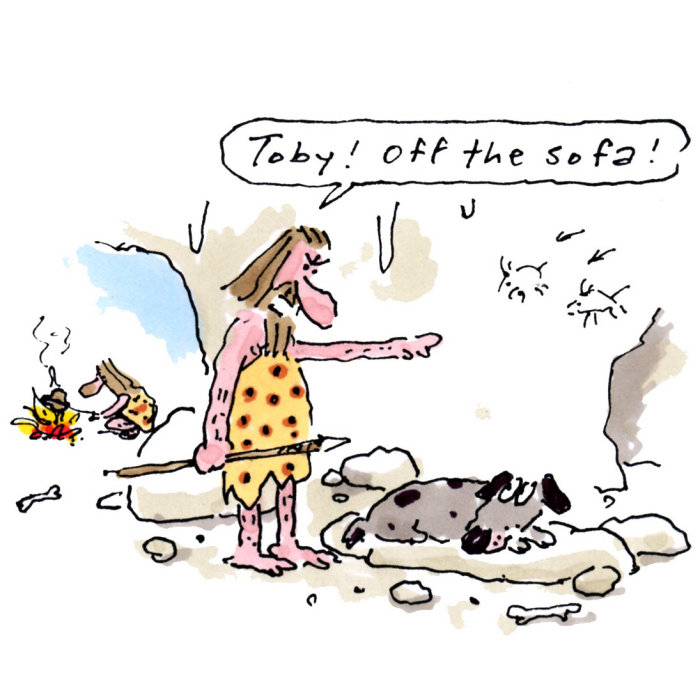 Comic art of cavemen with dog