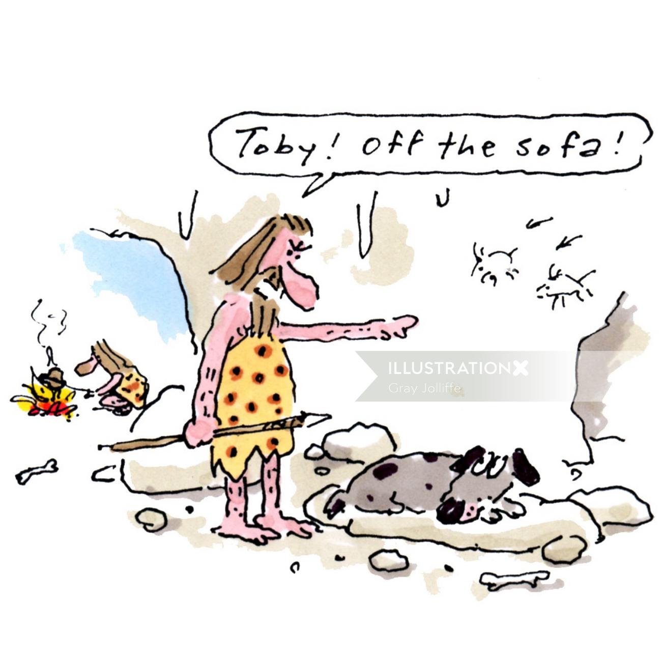 犬と穴居人のコミックアート