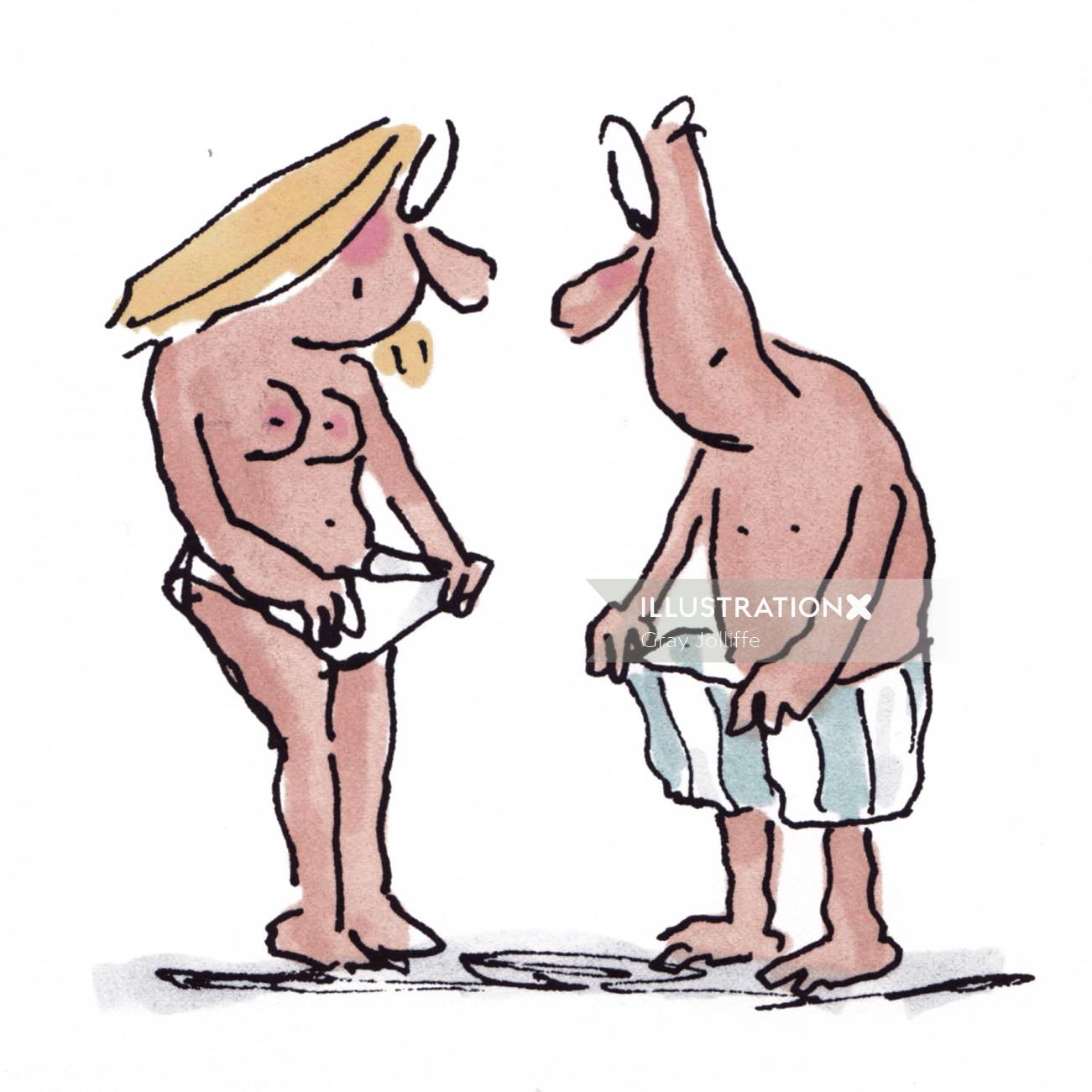 Couple looking undergarment - Cartoon illustration by Gray Jolliffe