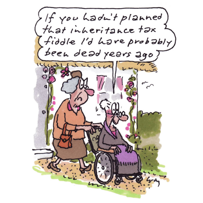 轮椅上的老妇的卡通插图，由格雷·乔利夫（Grey Jolliffe）