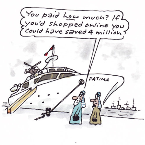 Ilustração em quadrinhos de árabes, olhando para o barco iate