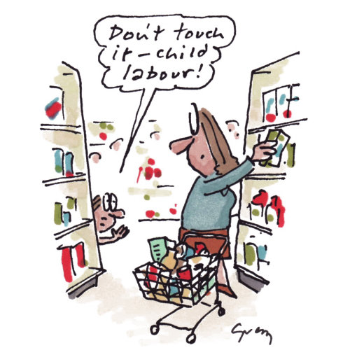Illustration de dessin animé de jeune fille dans un supermarché par Gray Jolliffe