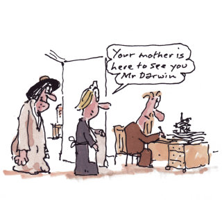 Ilustração em quadrinhos de Charles Darwin em sua mesa