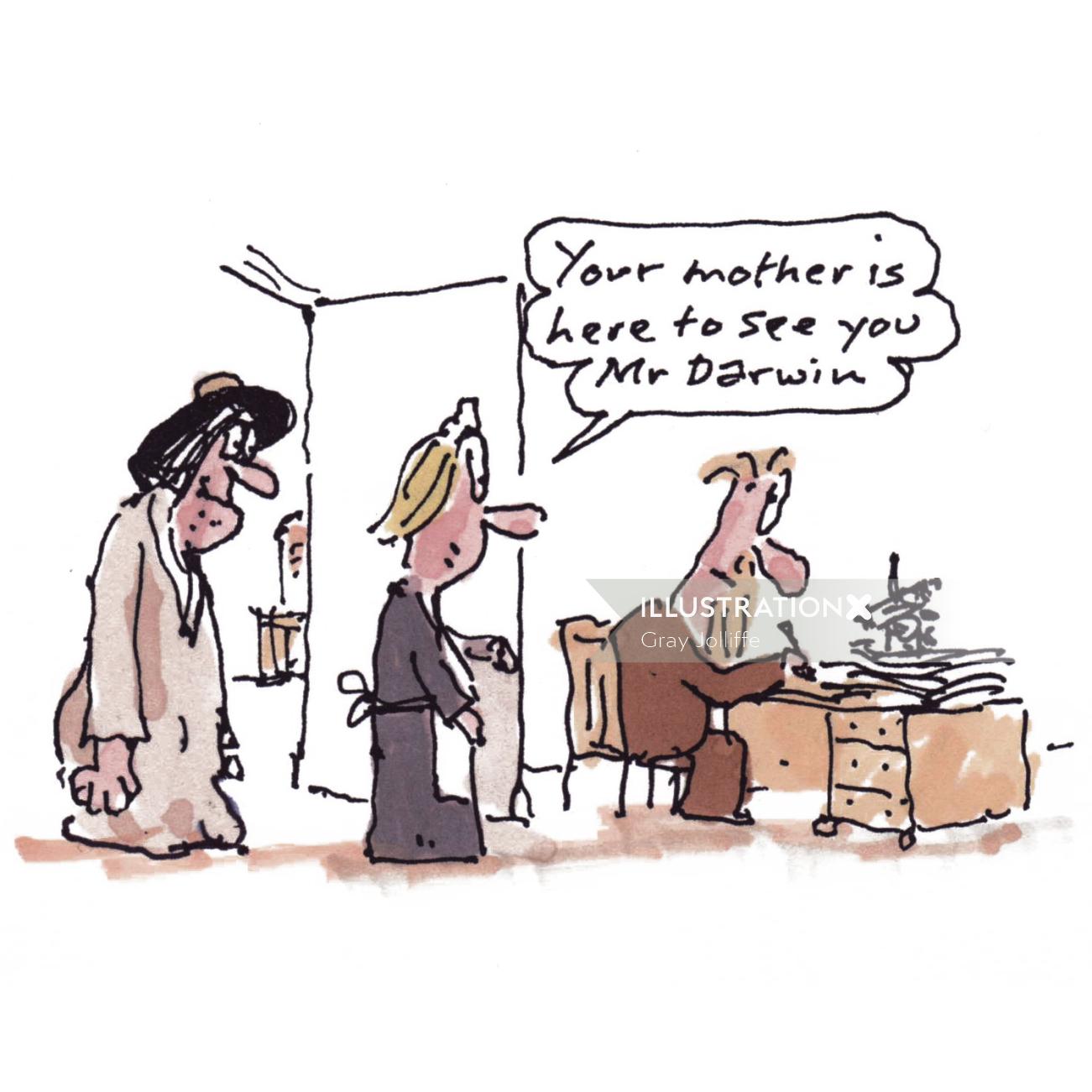 Ilustração em quadrinhos de Charles Darwin em sua mesa