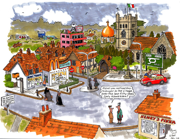 Cartoon Illustration of Hambleden town centre