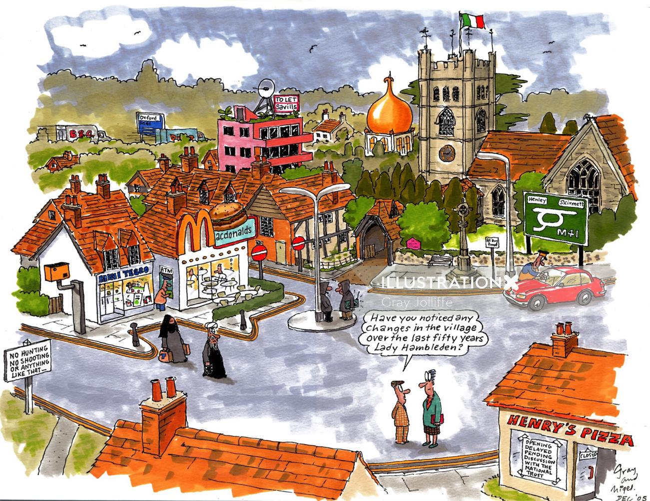 Cartoon Illustration of Hambleden town centre