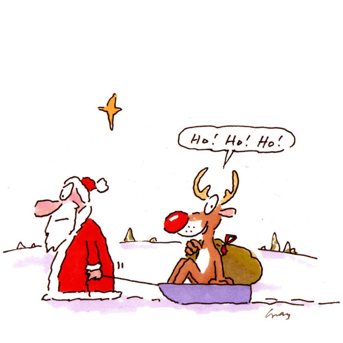 Santa claus pulling reindeer in sleigh - Cartoon illustration by Gray Jolliffe