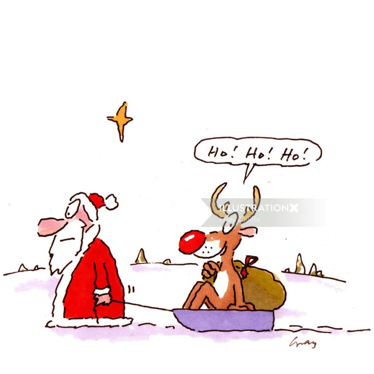 Papai Noel puxando renas no trenó - ilustração dos desenhos animados por Gray Jolliffe