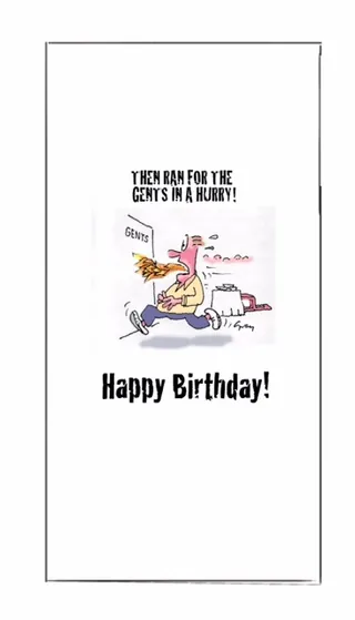 Cartoon of man running with gifts and suitcase Happy Birthday Gray Jolliffe
