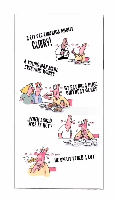 Comic limerick about a young man eating spicy curry by Gray Jolliffe