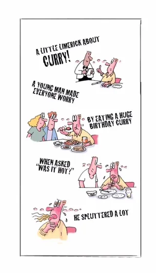 Comic limerick about a young man eating spicy curry by Gray Jolliffe