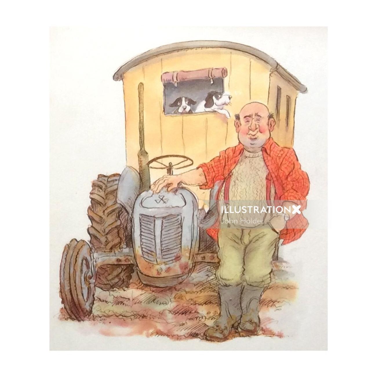 Cartoon & Humour man with tractor