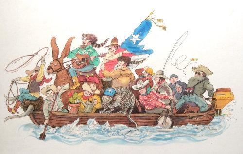 卡通和幽默的人在船上