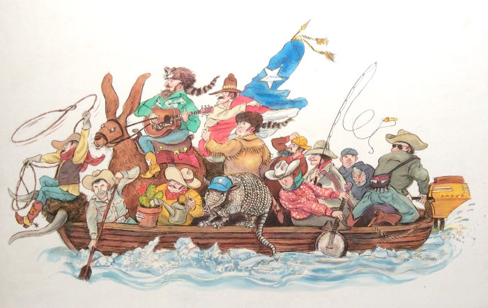 ボートに乗っている漫画とユーモアの人々