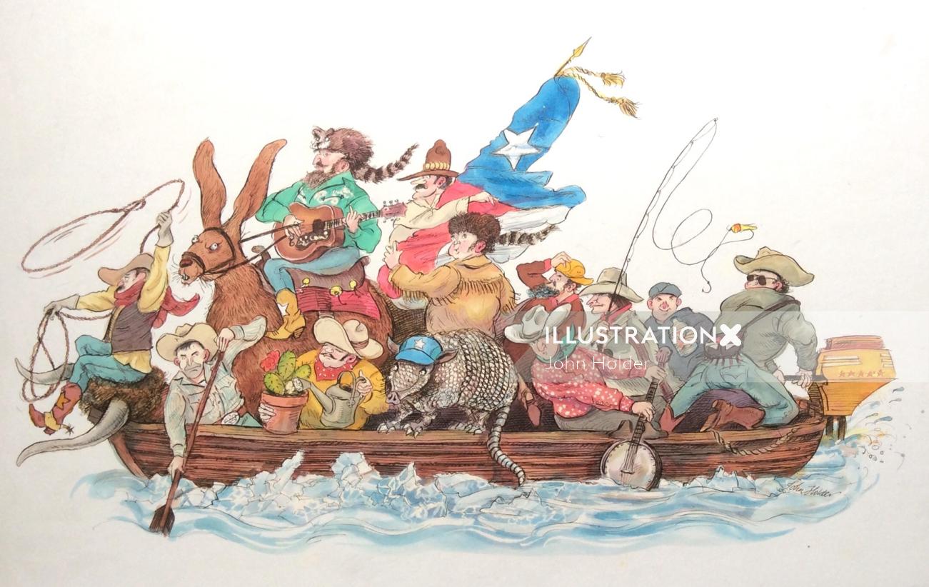 Desenhos animados e humor pessoas no barco
