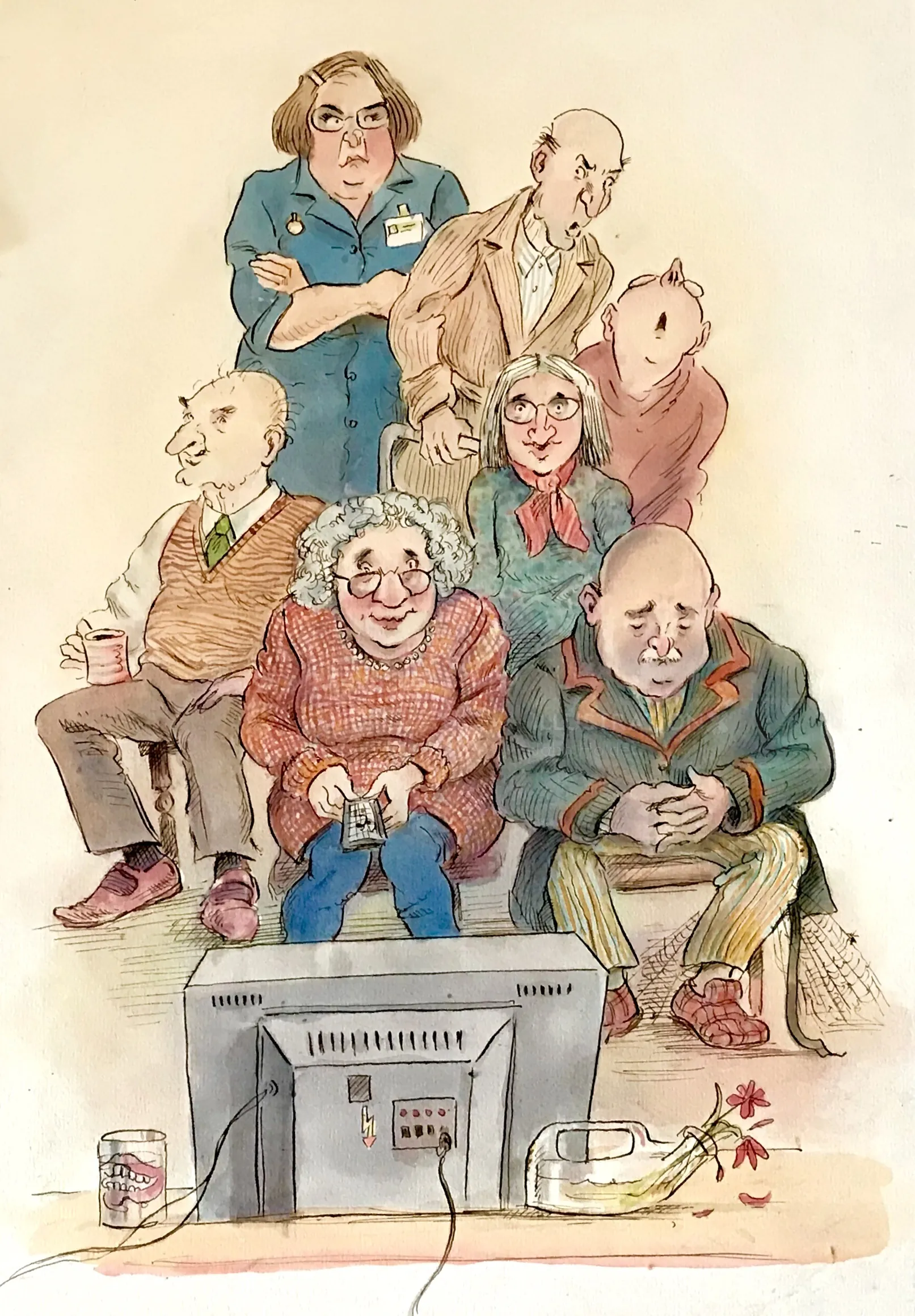 Group of people watching TV in a living room illustration by John Holder