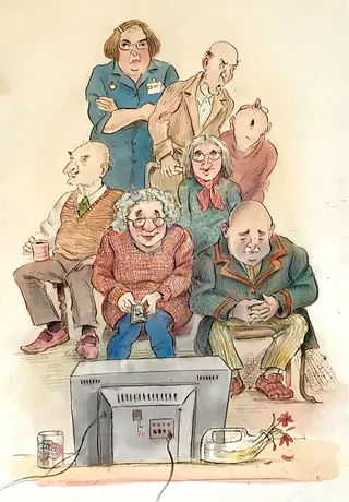 Group of people watching TV in a living room illustration by John Holder