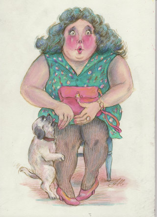 Caricatura, y, humor, mujer gorda, sentado