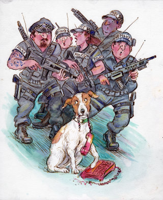 Perro de dibujos animados y humor con soldados