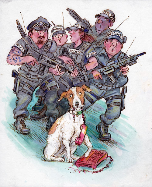 Cão de desenho animado e humor com soldados