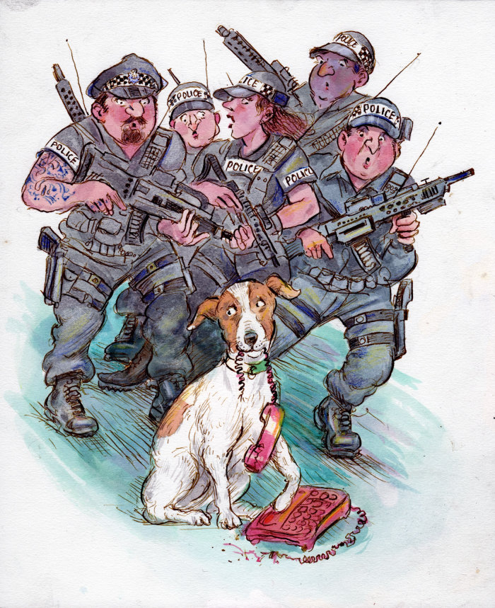 Chien de dessin animé et d&#39;humour avec des soldats