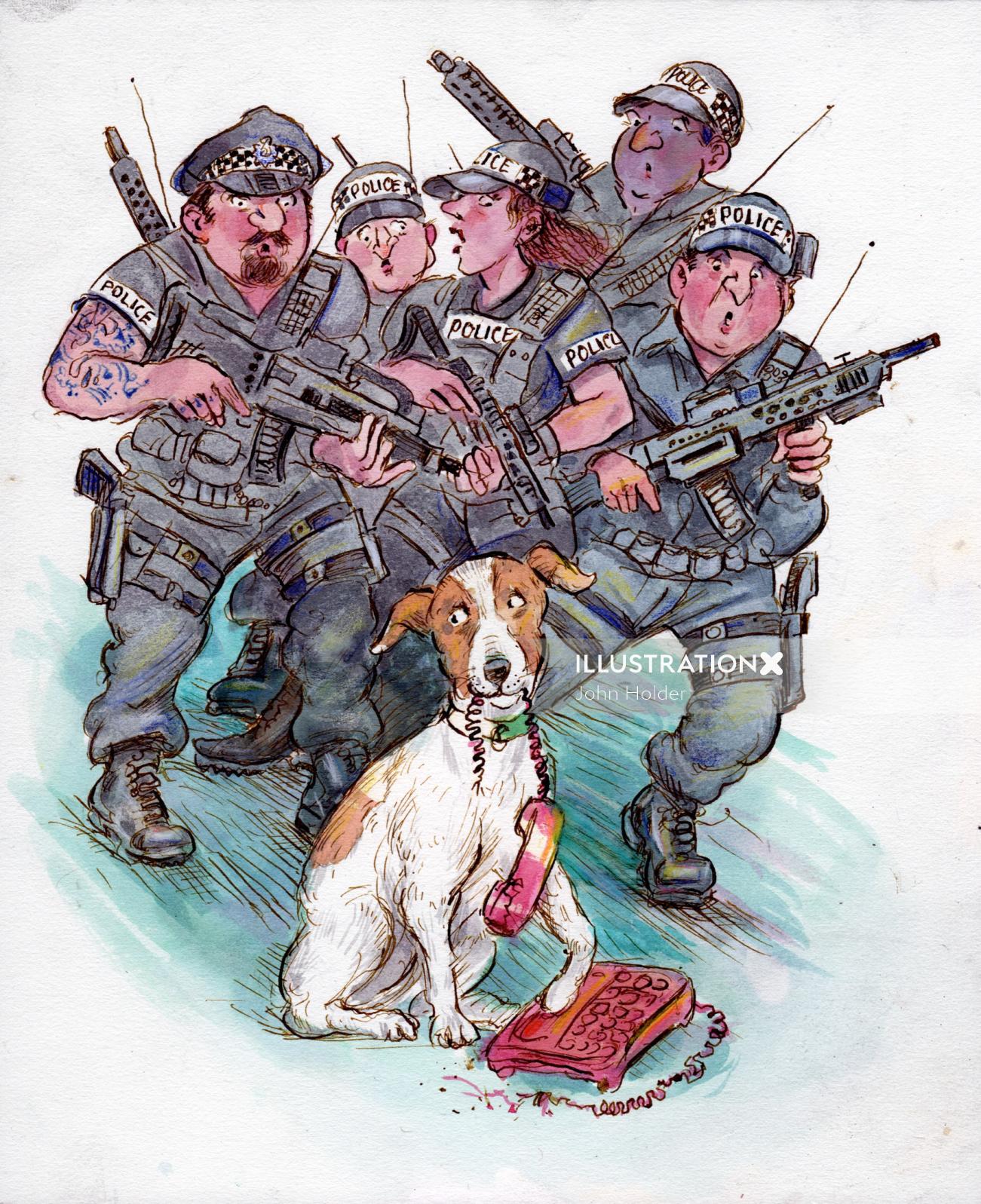 Cão de desenho animado e humor com soldados