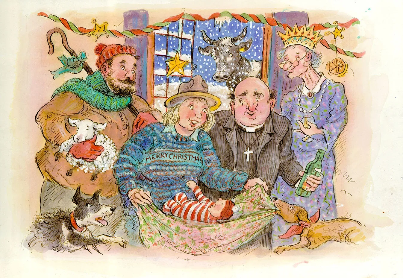 Whimsical nativity scene with joyful people and animals by John Holder