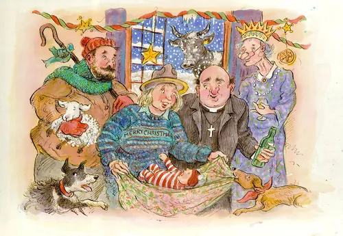 Whimsical nativity scene with joyful people and animals by John Holder