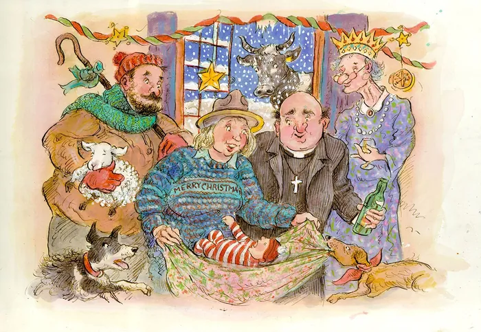 Whimsical nativity scene with joyful people and animals by John Holder