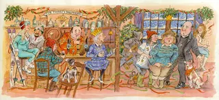 Watercolor pub scene with patrons and dogs by John Holder