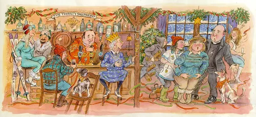 Watercolor pub scene with patrons and dogs by John Holder