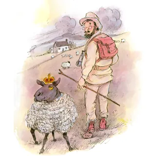 Illustration of a shepherd with a crowned sheep walking on a path by John Holder