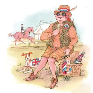 Illustration by John Holder of a man with a drink at a polo match with a dog and player