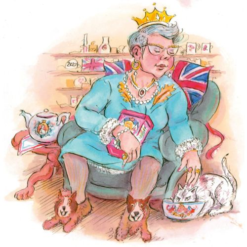 Watercolor of queen with crown sitting with dogs and cat by John Holder