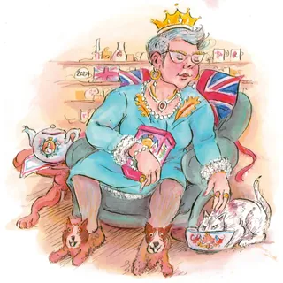 Watercolor of queen with crown sitting with dogs and cat by John Holder