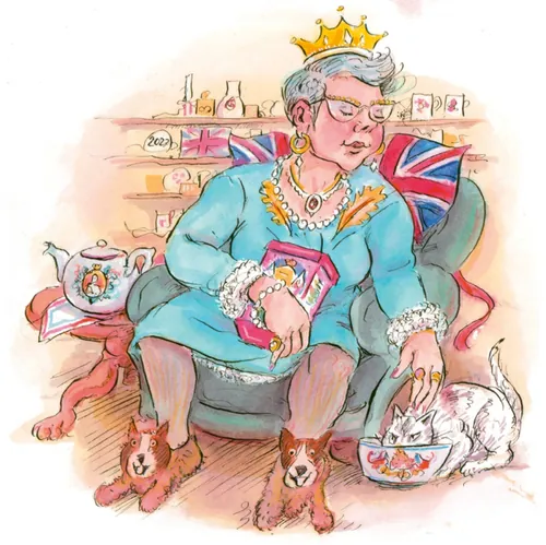 Watercolor of queen with crown sitting with dogs and cat by John Holder