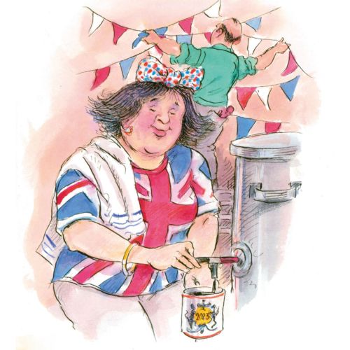 Woman painting Union Jack flag, man hanging bunting, illustration by John Holder