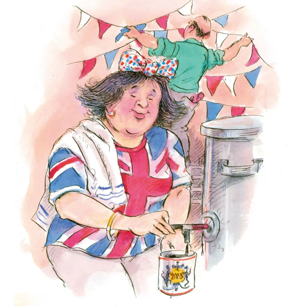Woman painting Union Jack flag, man hanging bunting, illustration by John Holder