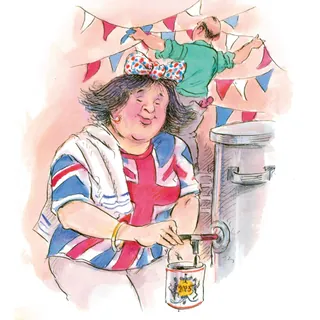 Woman painting Union Jack flag, man hanging bunting, illustration by John Holder