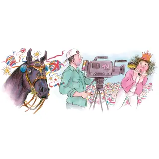 Horse with decorations and man filming woman with crown, by John Holder