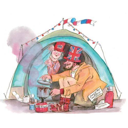 Two men camping with British flag hats, cooking inside a tent by John Holder